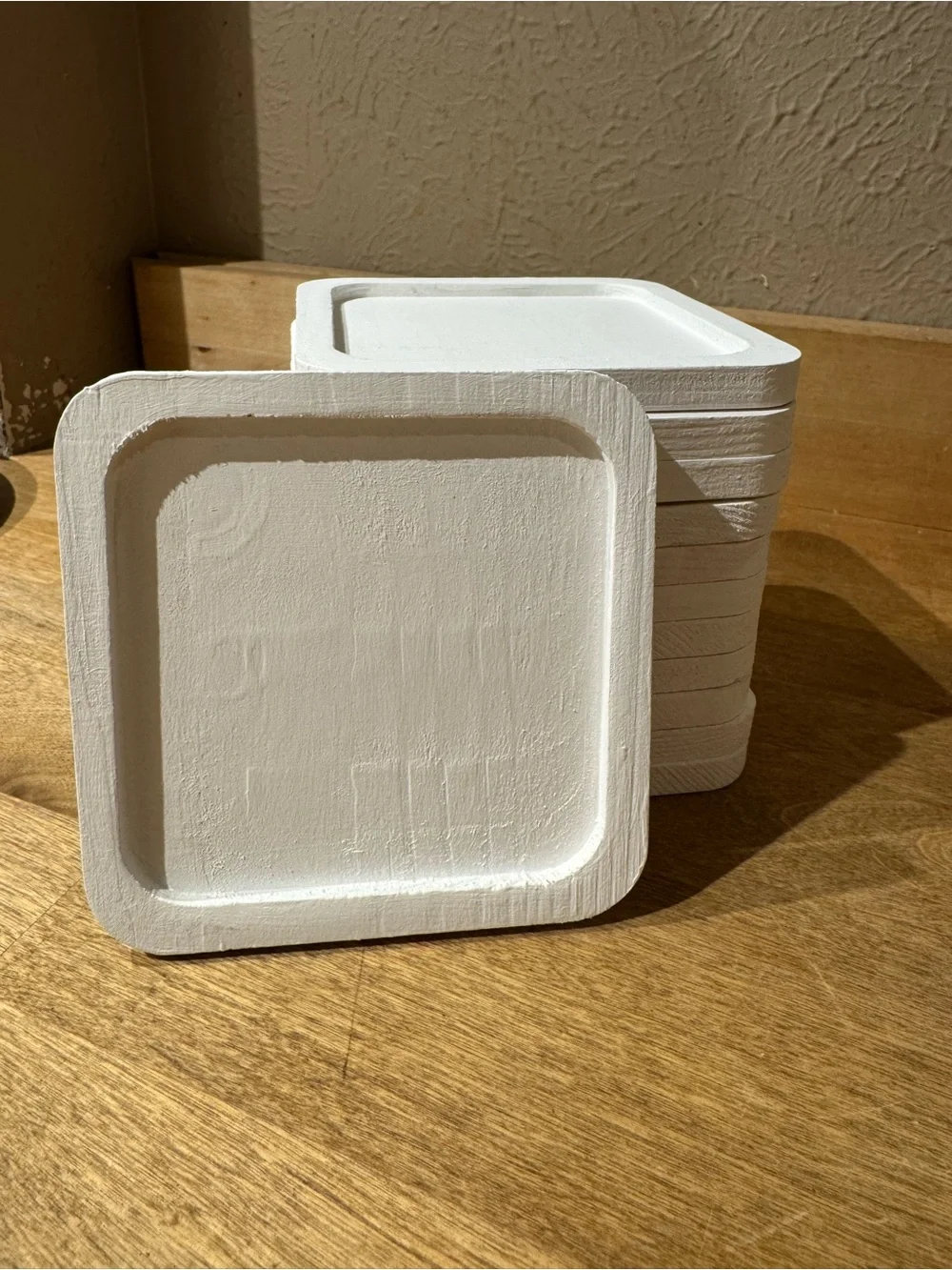 Set of 12- White Painted Square Pinewood Coasters